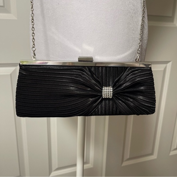 ABS Allen Schwartz Black Satin Evening Bag Clutch Shoulder Crossbody Rhinestone - Picture 4 of 13